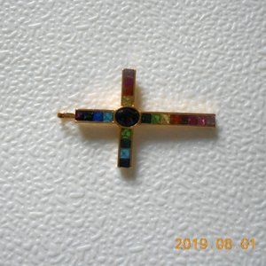Vintage RAINBOW CRYSTAL GOLD CROSS PENDANT